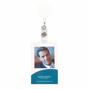 Rexel retractable card holder with a white round reel and clear strap holding a photo ID card