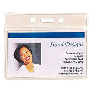 Rexel soft landscape pouch, clear, with two round punch holes and a slot along the top edge, holding a sample business style ID card with a photo