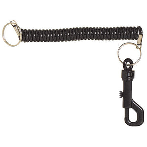 Rexel heavy duty spiral key cord laid out flat on white, a black coiled cord with a silver split ring at the left end and a black plastic J clip with a sprung tongue at the right.