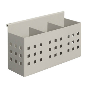 Rapidline Rapid Screen 3 slot pen holder in silver grey steel with square perforations and a hook lip, shown on its own