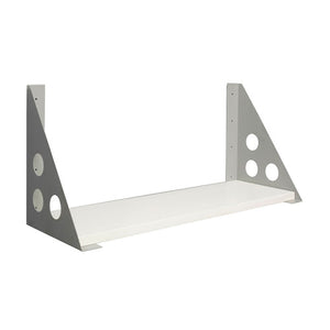 Pair of Rapidline Rapid Screen shelf brackets in silver grey perforated steel, triangular with round cut-outs, shown supporting a white shelf.
