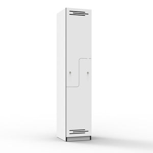 Rapidline Rapid Infinity step door melamine locker in natural white with black edging, front three-quarter view with both stepped doors closed