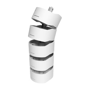 Rapidline umbilical power pole in white shown as an exploded stack of segments with the centre spine visible