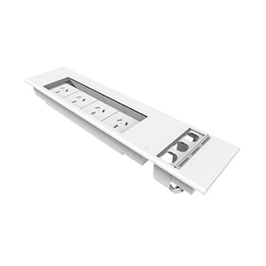 Rapidline Rapid Wiring flip box in white showing 4 GPO outlets and 3 data provisions on the face of the unit