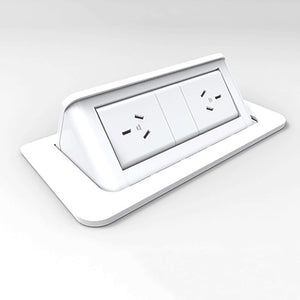 Rapidline pop-up in desk power module in white, raised open to show 2 GPO outlets above the flush desk plate