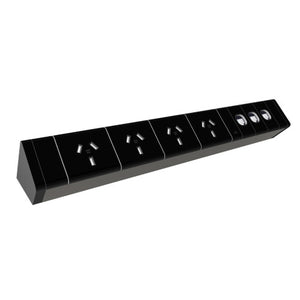Rapidline Athena power rail kit in black showing 4 GPO outlets and 3 data provisions on the face of the unit
