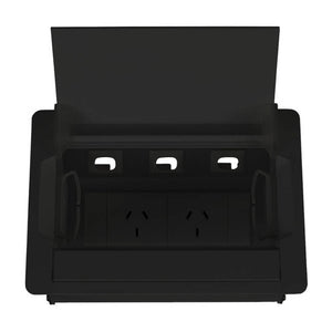 Rapidline Rapid Wiring black boardroom table box with the lid raised, showing 3 data provisions above 2 GPO outlets