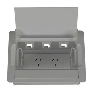 Rapidline Rapid Wiring silver boardroom table box with the lid raised, showing 3 data provisions above 2 GPO outlets