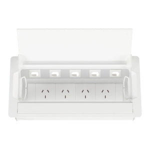 Rapidline Rapid Wiring white boardroom table box with the lid raised, showing 5 data provisions above 4 GPO outlets