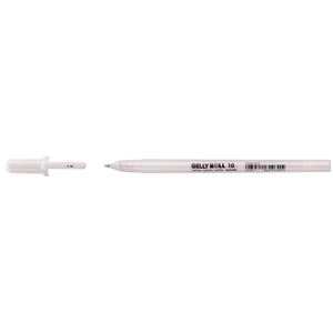 Sakura Gelly Roll White 10 gel pen lying flat with its white cap removed, size 10 printed on barrel and cap
