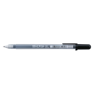 Sakura Gelly Roll Fine Point Black gel pen lying flat with the black cap fitted, frosted barrel printed GELLY ROLL 06