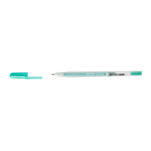 Sakura Gelly Roll Metallic Green gel pen with cap removed and placed beside the frosted Metallic barrel