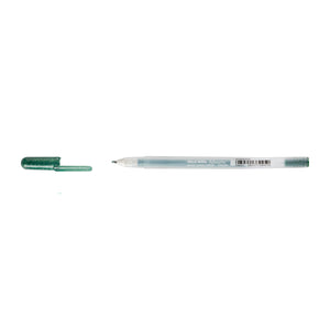 Sakura Gelly Roll Metallic Hunter Green gel pen with cap removed and placed beside the frosted Metallic barrel