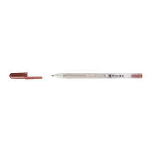 Sakura Gelly Roll Metallic Sepia gel pen with cap removed and placed beside the frosted Metallic barrel