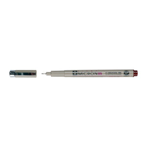 Sakura Pigma Micron 05 Burgundy pen: uncapped side view with grey barrel printed Micron 05, cap with clip beside it