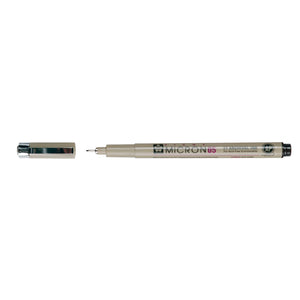 Sakura Pigma Micron 05 Hunter Green pen: uncapped side view with grey barrel printed Micron 05, cap with clip beside it