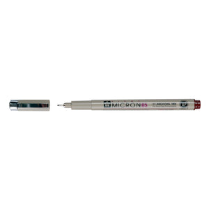 Sakura Pigma Micron 05 Sepia pen: uncapped side view with grey barrel printed Micron 05, cap with clip beside it
