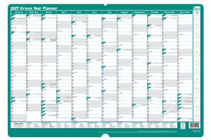 Sasco 2027 Green Wall Planner 500 x 700mm shown front on, the full year to view grid, photographed flat against a plain background.