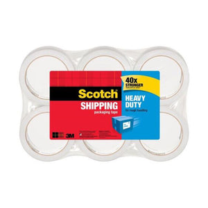 Six clear Scotch Heavy Duty Shipping Packaging Tape rolls shrink-wrapped in a two by three pack under one red and blue Scotch header label, on a white background.