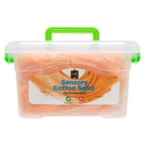 Front facing reusable tub filled with Educational Colours orange sensory cotton sand designed for tactile exploration, fine motor activities, and imaginative learning.