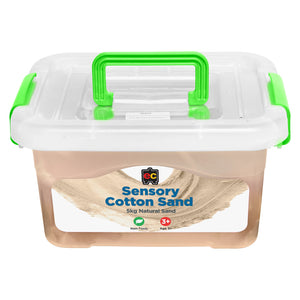 Front view of Educational Colours Sensory Cotton Sand 5kg Natural in a reusable plastic storage tub with locking lid and carry handle for organised classroom sensory play.