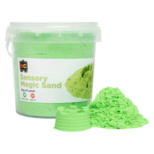 Large reusable tub of green Educational Colours Sensory Magic Sand displayed beside moulded sandcastle shapes and loose sensory sand for creative tactile play activities.