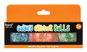 Orange Galaxy Glitter Ball stretch fidget, a translucent squishy ball with fine glitter suspended through the gel, shown on a white background.