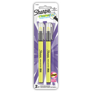 Front of a Sharpie Clear View blister card with two yellow stick highlighters, See through tip callout and Smear Guard badge, on a white background