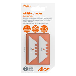 Slice #10524 utility blades card: two trapezoid rounded tip ceramic blades in an orange tray, 61.8mm marked