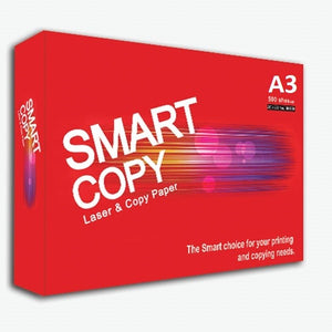 Ream of Smart Copy A3 laser and copy paper in a red wrapper with white Smart Copy lettering, a colourful light streak and an A3 500 sheets panel in the corner.