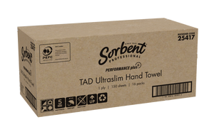 Sorbent Professional carton for reorder code 25417 Performance Plus TAD Ultraslim Hand Towel, printed 1 ply, 150 sheets and 16 packs