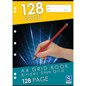 Front cover of the Sovereign A4 Grid Book, Binder 5mm Grid, 128 Page: yellow top band, hand holding a red pencil over a dark blue grid photograph, teal lower band, seven punched holes on the left edge and the Sovereign Stationery logo