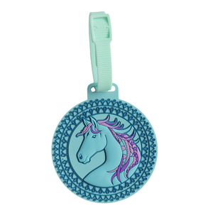 Spencil Amethyst Spirit Bag Tag, front view showing the turquoise horse head with a purple mane and teal patterned border