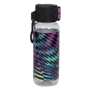 Spencil Cyber Pop Big Water Bottle 650ml, front view with the lid closed, pink, purple, teal and lime zigzag print on black, black lid with purple trim