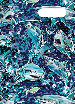 Spencil Fin Frenzy A4 Book Cover Pack of 6: front artwork, swarm of open-jawed sharks in blue and teal on dark navy, with white name and subject label cut-out