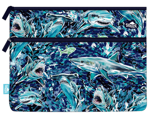 Front of the Spencil Fin Frenzy A4 twin zip pencil case showing sharks with open jaws darting through churning dark blue and teal water, with navy zips