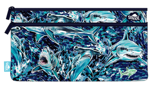 Front of the Spencil Fin Frenzy twin zip pencil case showing sharks with open jaws darting through churning dark blue and teal water, with navy zips