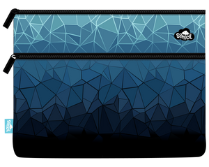 Front of the Spencil Fractal A4 twin zip pencil case showing a low-poly geometric pattern of triangles fading from steel blue at the top to black at the base, with black zips