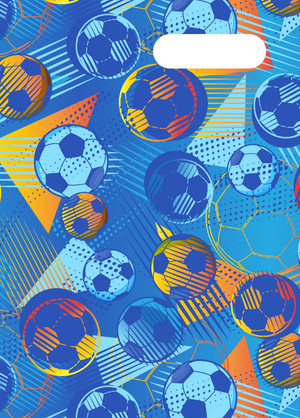 Spencil Game On A4 Book Cover Pack of 6: front artwork, soccer balls with yellow and orange shapes on bright blue, with white name and subject label cut-out