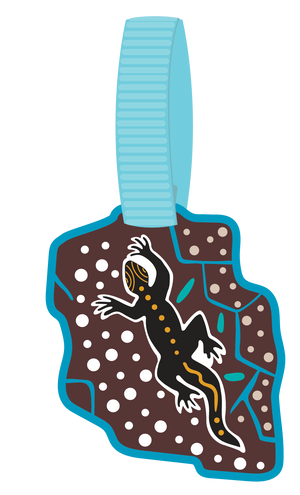 Spencil Kalkatungu Muu Bag Tag, front view showing the black and ochre lizard on a dotted brown rock with turquoise edging