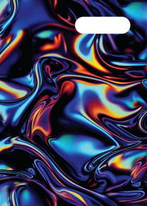 Spencil Metallic Waves A4 Book Cover Pack of 6: front artwork, iridescent liquid chrome swirls in blue, purple and orange, with white name and subject label cut-out