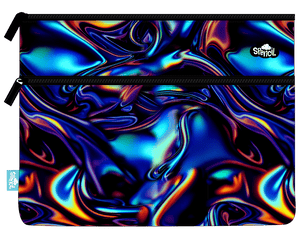 Front of the Spencil Metallic Waves A4 twin zip pencil case showing swirling liquid-chrome waves in iridescent blue, purple and orange on black, with black zips
