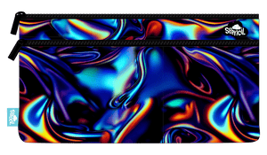 Front of the Spencil Metallic Waves twin zip pencil case showing swirling liquid-chrome waves in iridescent blue, purple and orange on black, with black zips