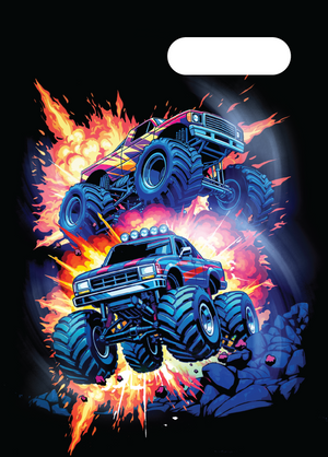 Spencil Monster Blaze A4 Book Cover Pack of 6: front artwork, two blue monster trucks bursting through orange flames on black, with white name and subject label cut-out