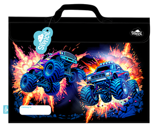 Front of the Spencil Monster Blaze library bag showing two monster trucks bursting through fiery orange explosions on a black background, with the top carry handle, fold-over flap and white name pocket at the lower left