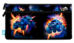 Front of the Spencil Monster Blaze twin zip pencil case showing blue monster trucks bursting through orange flames and smoke on a black background, with black zips