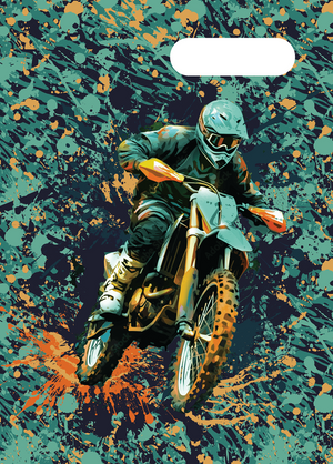 Spencil Moto Camo Trax A4 Book Cover Pack of 6: front artwork, motocross rider on dirt bike over green and orange camo splatter, with white name and subject label cut-out