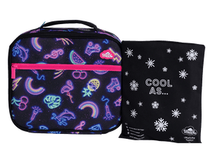 Spencil Neon Party Big Cooler Lunch Bag standing beside its Big Chill Pack in a black snowflake Cool As cover, showing the black background covered with neon outlines of flamingos, rainbows, watermelon, cherries, roller skates and dolphins, with a hot pink front zip