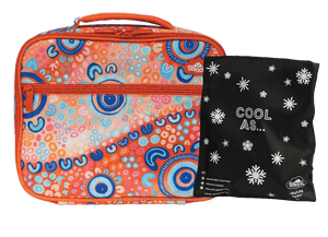 Spencil Ngootypoorteen Big Cooler Lunch Bag standing beside its Big Chill Pack in a black snowflake Cool As cover, showing the artwork in bright orange with blue, white, pink and aqua tones, finished with orange trim