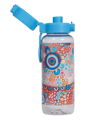 Spencil Ngootypoorteen Big Water Bottle 650ml, side view with the flip lid open showing the drinking spout, Ngootypoorteen artwork in red, orange and cream with blue circles, light blue lid